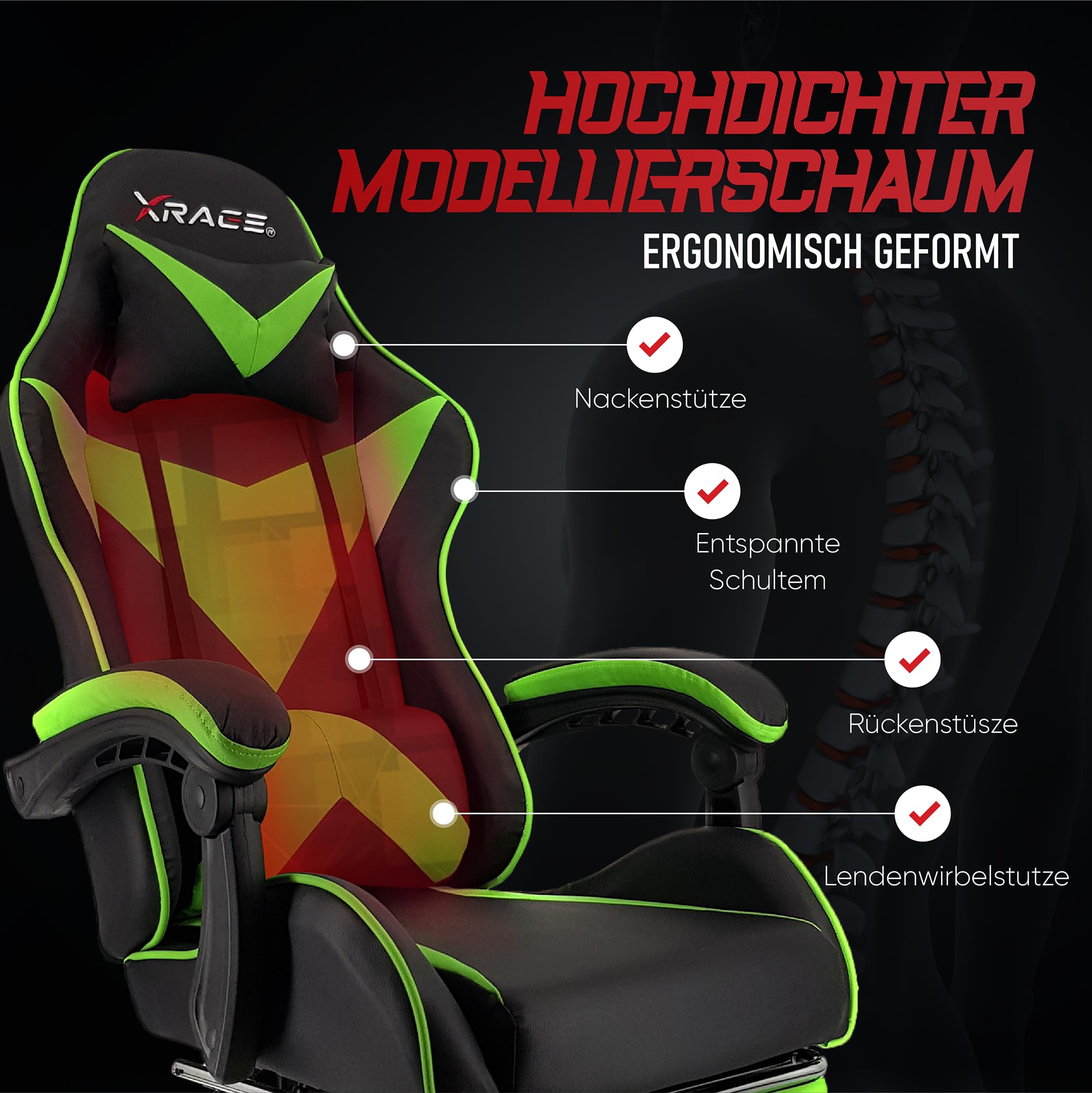 xRace Gaming Stuhl, ergonomischer Bürostuhl, PU-Leder, Lendenstütze Grün | Ergonomischer PC Stuhl mit Kopfstütze, Lendenkissen und pflegeleichtem Kunstlederbezug, höhenverstellbar und drehbar