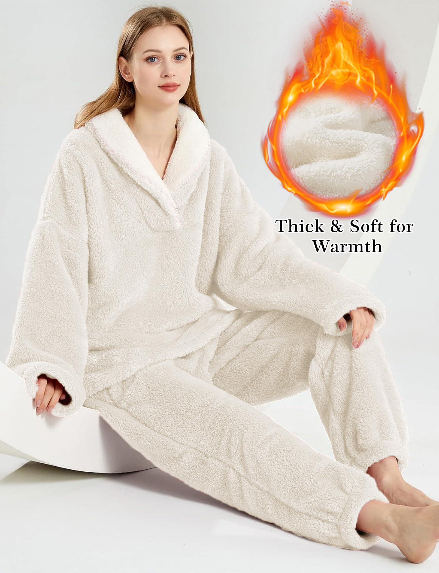 Damen Flauschiges Loungewear-Set Fleece Winter Oversized Pullover Hosen Pyjama Nachtwäsche Set Plüsch Warm Casual Pyjamas 2 Stück