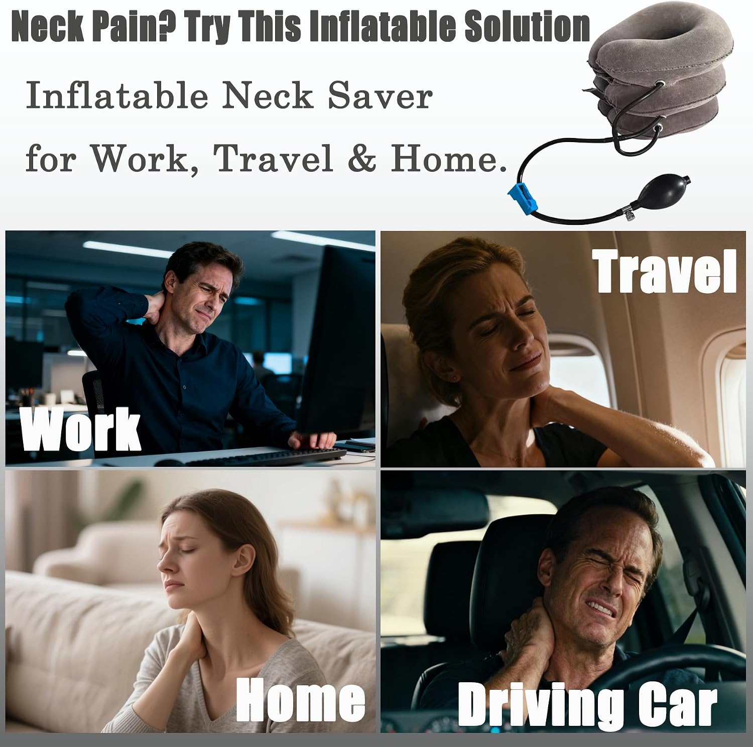 Inflatable Neck Stretcher Pillow 3-Layer Adjustable Cervical Support Cushion for Neck & Shoulder Relaxation Portable Travel Neck Pillow for Office Home Airplane Dark Gray