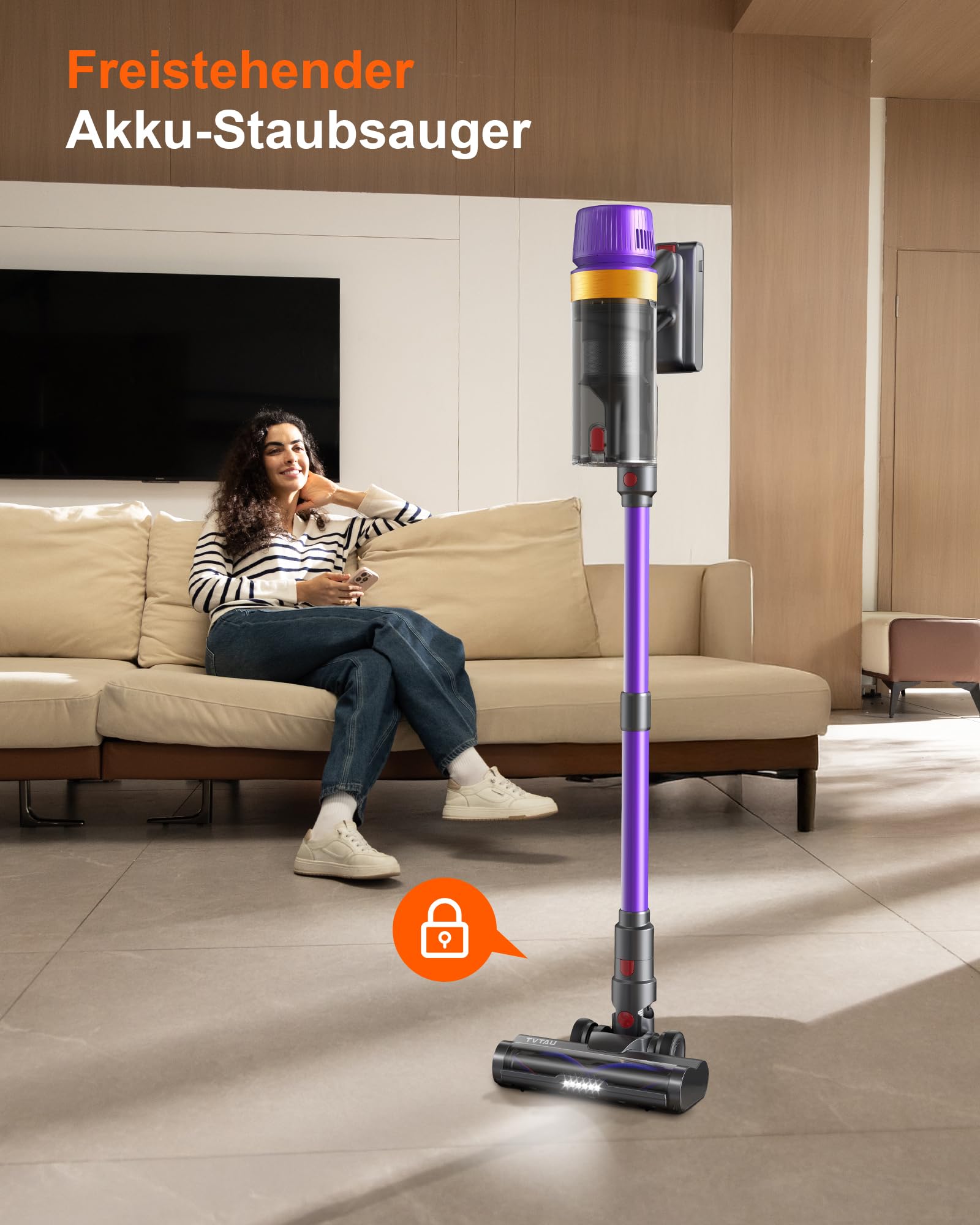 Akku Staubsauger Kabellos Testsieger, 55000Pa/75Min/1,8L beutellos, selbststehender Stiel-/Stabstaubsauger mit Anti-Tangle & Ladestation – stark für Tierhaare/Teppich/Hartboden/Auto (Violett)