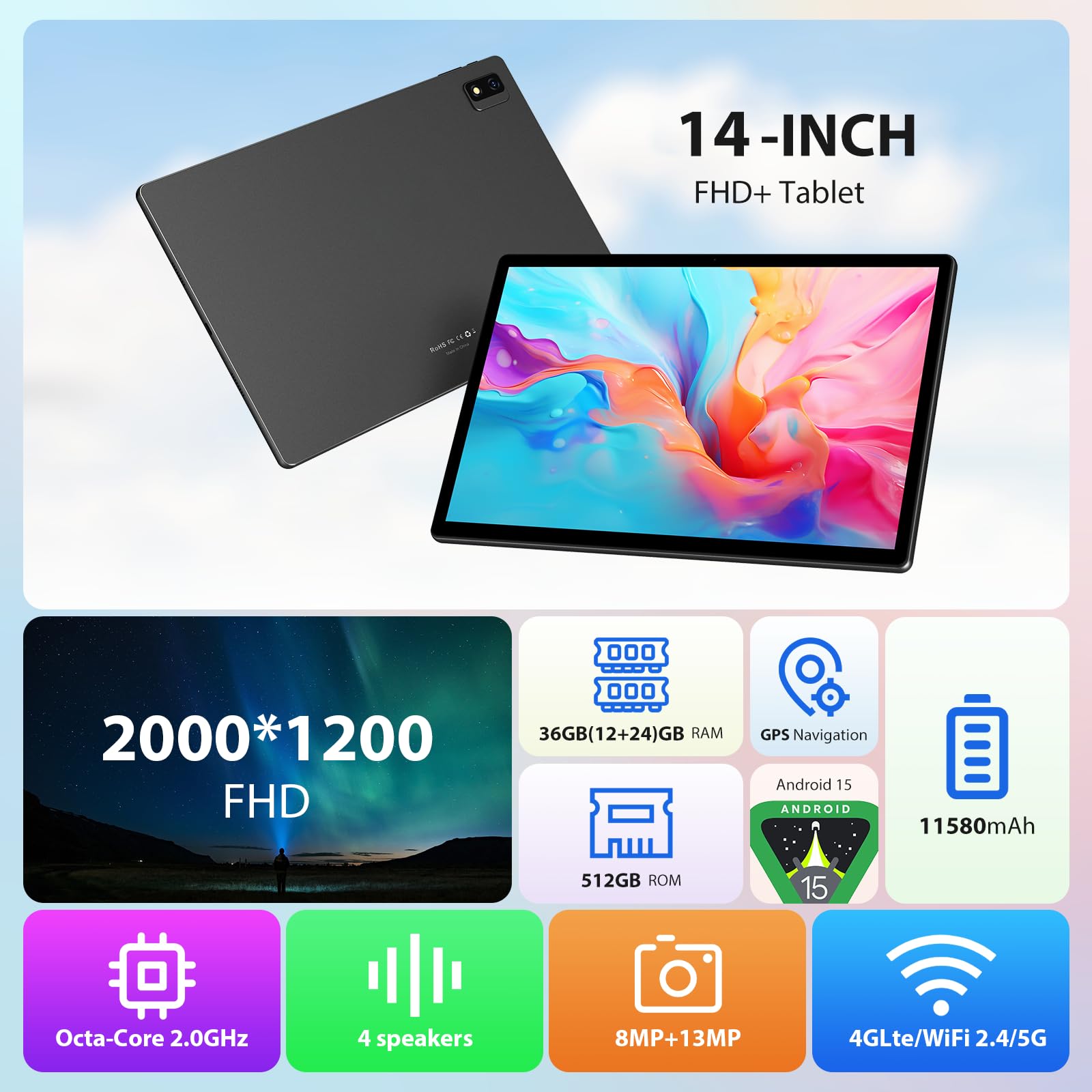 2K Android 15 Tablet 14 Pulgadas, 36GB RAM, 512GB ROM (2TB Expansion), 4G SIM LTE & 5G WiFi, 2000 * 1200FHD, 11580mAh, Octa-Core 2.0GH, 13MP+8MP, Tablet con Teclado/GPS/Bluet 5.0(Negro)