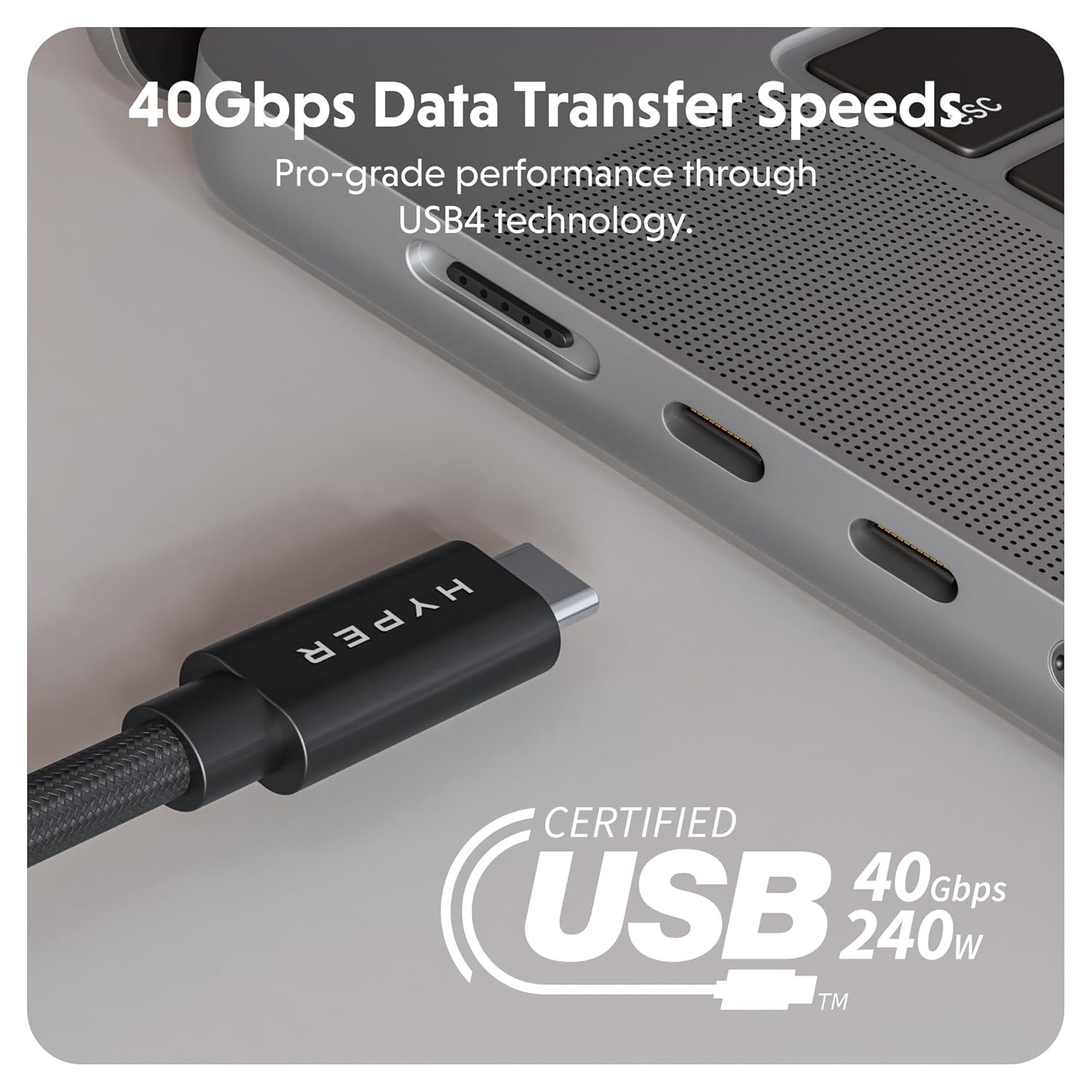 HyperDrive Next USB4 Type-C Performance Charging Cable — USB C Charging w/ 40Gbps Data Transfer, 240W Power Delivery, Fast Charge, 8K Video Support (4ft/1.2m - Black)