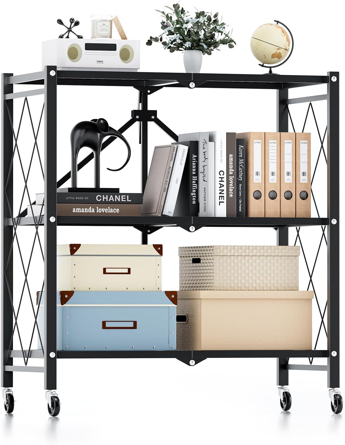 YSSOA 3-Tier Foldable Metal Rack, 27.95" D x 13.39" W x 33.85" H Storage Shelving Unit with Wheels Moving Organizer Shelves for Garage Kitchen, Black