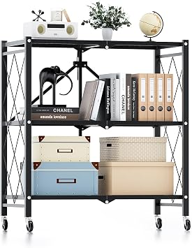 HealSmart 3-Tier Foldable Metal Heavy Duty Storage Shelving Unit with Wheels, Organizer Shelves for Garage Kitchen Holds up to 750 lbs Capacity, Black
