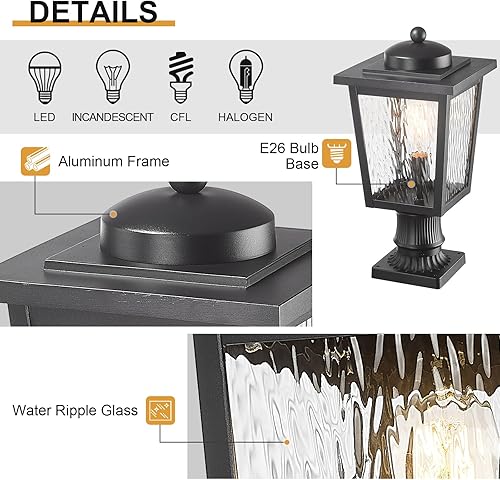 Miniatura 4 de Poste de luces para exteriores, postes de lámpara para postes de iluminación exterior con vidrio ondulado de agua, acabado negro de aluminio para