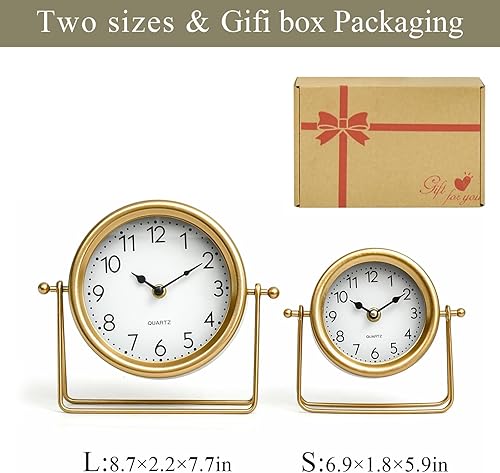 Miniatura 4 de Reloj de escritorio y estante dorado pequeño, 6.9 x 5.9 pulgadas, retro, elegante, reloj de mesa con cubierta de vidrio, silencioso sin tictac,