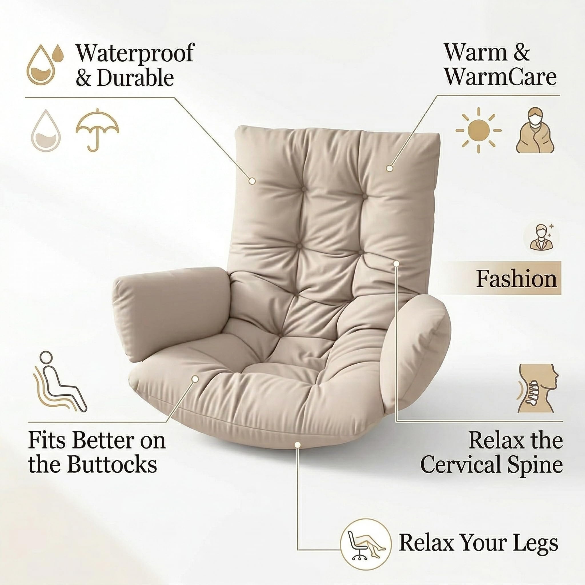 Generico Cuscino per Poltrona Sospesa Esterno in Poliestere Impermeabile, Imbottitura PP Cotton Alta Densità, Seduta Ergonomica per Altalena e Giardino, Ricambio Universale,Cachi