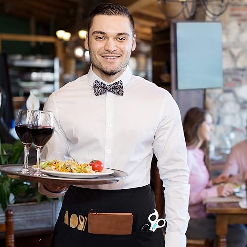 Miniatura 4 de Delantales negros de cintura con 3 bolsillos, delantales cortos para camarera, resistentes al agua, al aceite, para mujeres y hombres