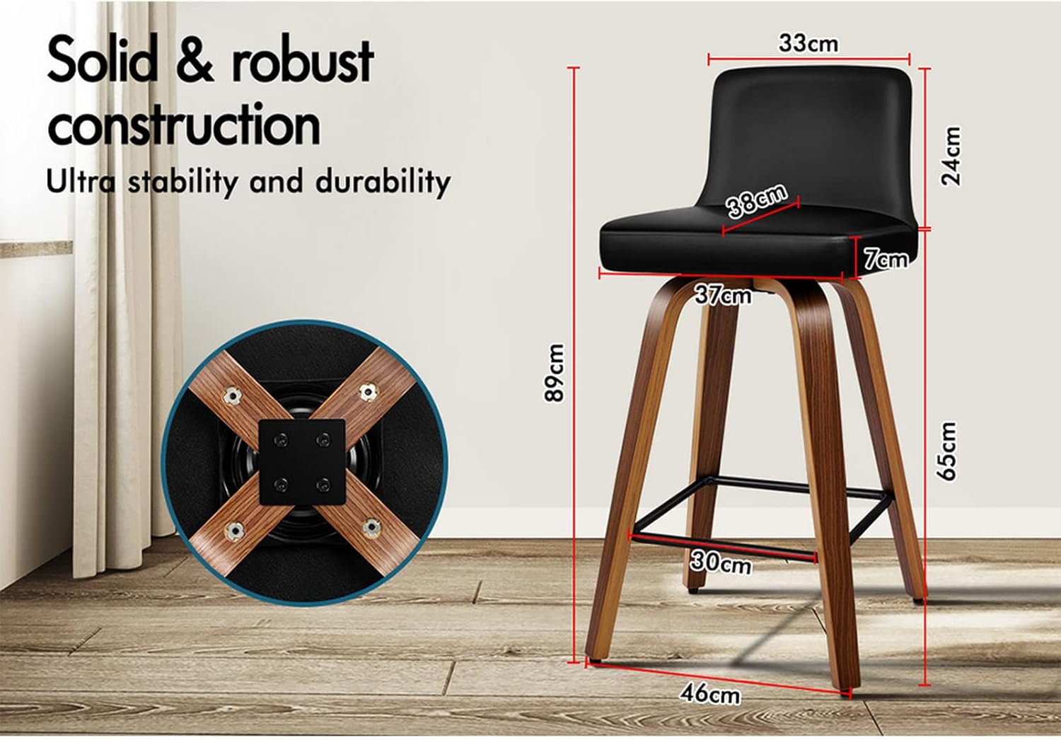 2pcs Bar Stool Bailey Swivel Kitchen Stool in 65cm Seat Height Leather Counter Stool with Back Footrest and Adjustable Leg Levelers Home Dining Chair Black