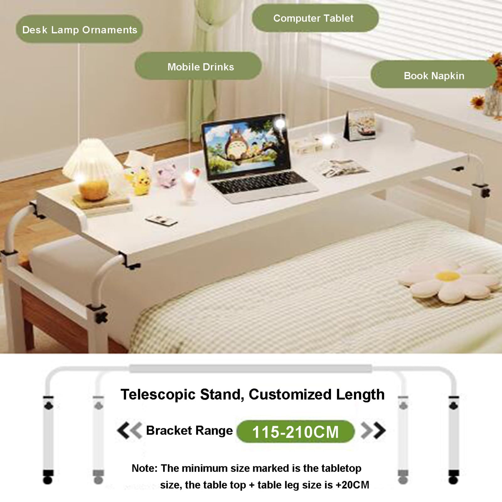 Scrivania Regolabile in Altezza sopra Il Letto 65-95cm,Tavolo per Mobilità sopra Il Letto con Ruote，Tavolo Mobile con Pannello，Ideale per Computer E Vassoio per Alimenti(Color:Legno)