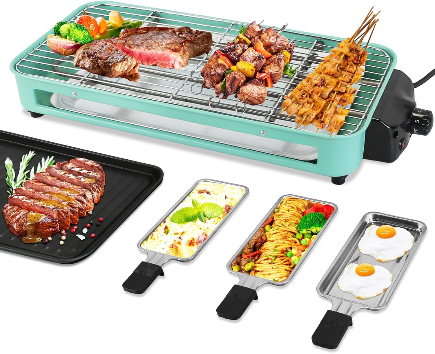 Electric Grills 2000W 2 IN 1 Versatile Smokeless Grill for Home Cooking Electric BBQ Gill 3 Small Trays Dishwasher w/Grill Net Removable Plate 5 Temperature Control for Indoor Outdoor