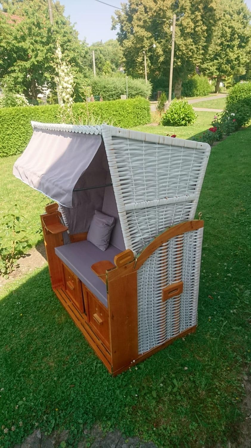 MR. DEKO® Fauteuil-cabine de plage Baltique 2 places | polyéthylène tressé blanc, avec housse gris uni | avec 4 coussins et table pliante - Chaise de plage réglable - En bois dur avec repose-pieds -