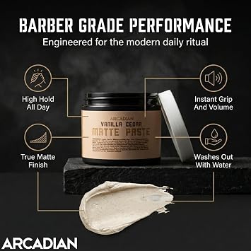 Arcadian Grooming Vanilla Cedar Matte Paste High Hold Matte Finish Clay 4oz