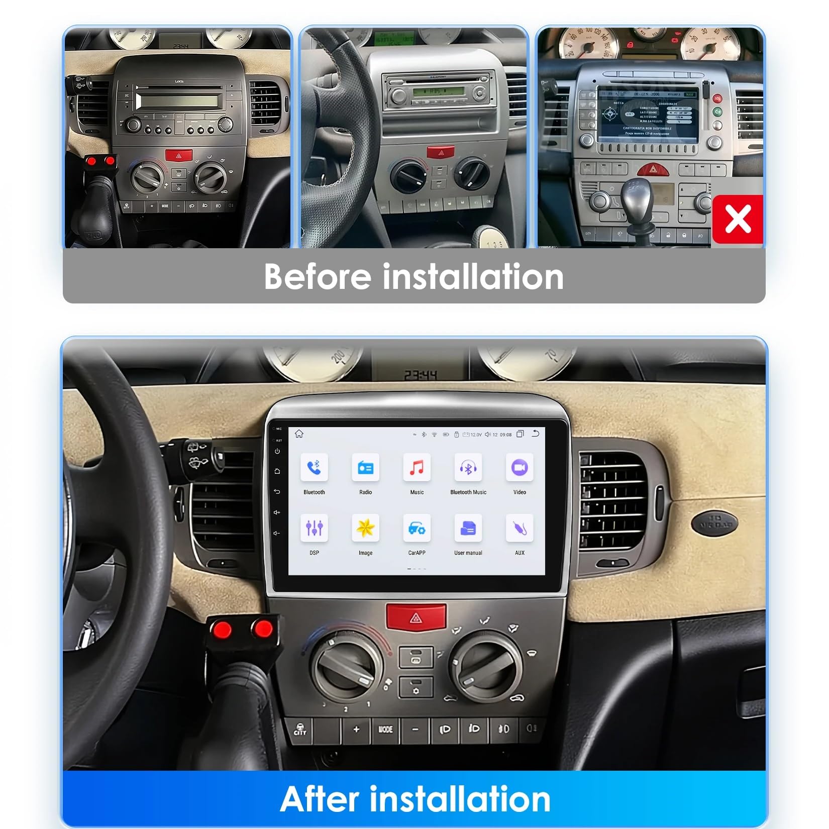 Autoradio Android 15 per Lancia Ypsilon 2006-2011, touchscreen da 9", CarPlay wireless, comandi al volante, navigazione GPS, Bluetooth, telecamera posteriore, 2 DIN (A1 1G+32G)