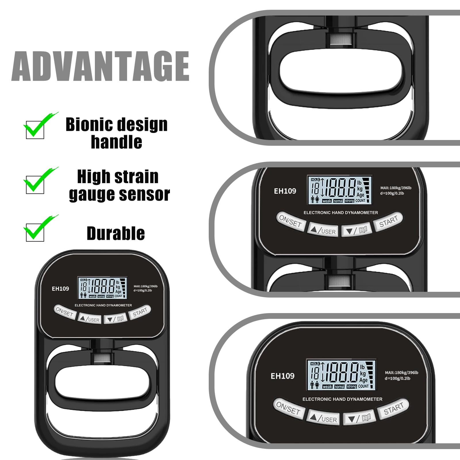Dynamómetro digital de mano de 180 kg/396 lb, medidor de fuerza de agarre con cable de carga USB, indicador LED, entrenador de fuerza de agarre, color negro