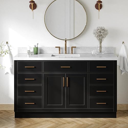 DKB Isabella 60 Inch Bathroom Vanity Single Sink — Black Bathroom Vanity with Sink, 1.5" Edge Italian Carrara Marble Countertop, Solid Wood, 2 Soft-Close Doors, 8 Dovetail Drawers + Tilt Drawer