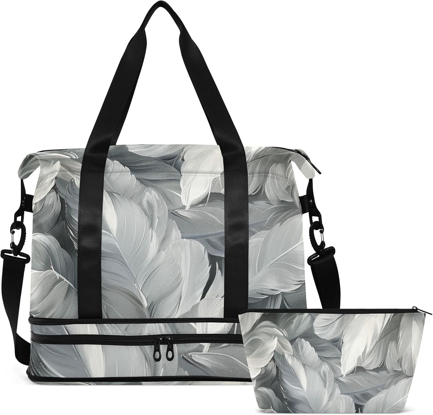 Feather Gray Translucency Sports Tote Gym Bag Carry On Weekend Bag with Adjustable Strap for Gym 2 Pcs Set