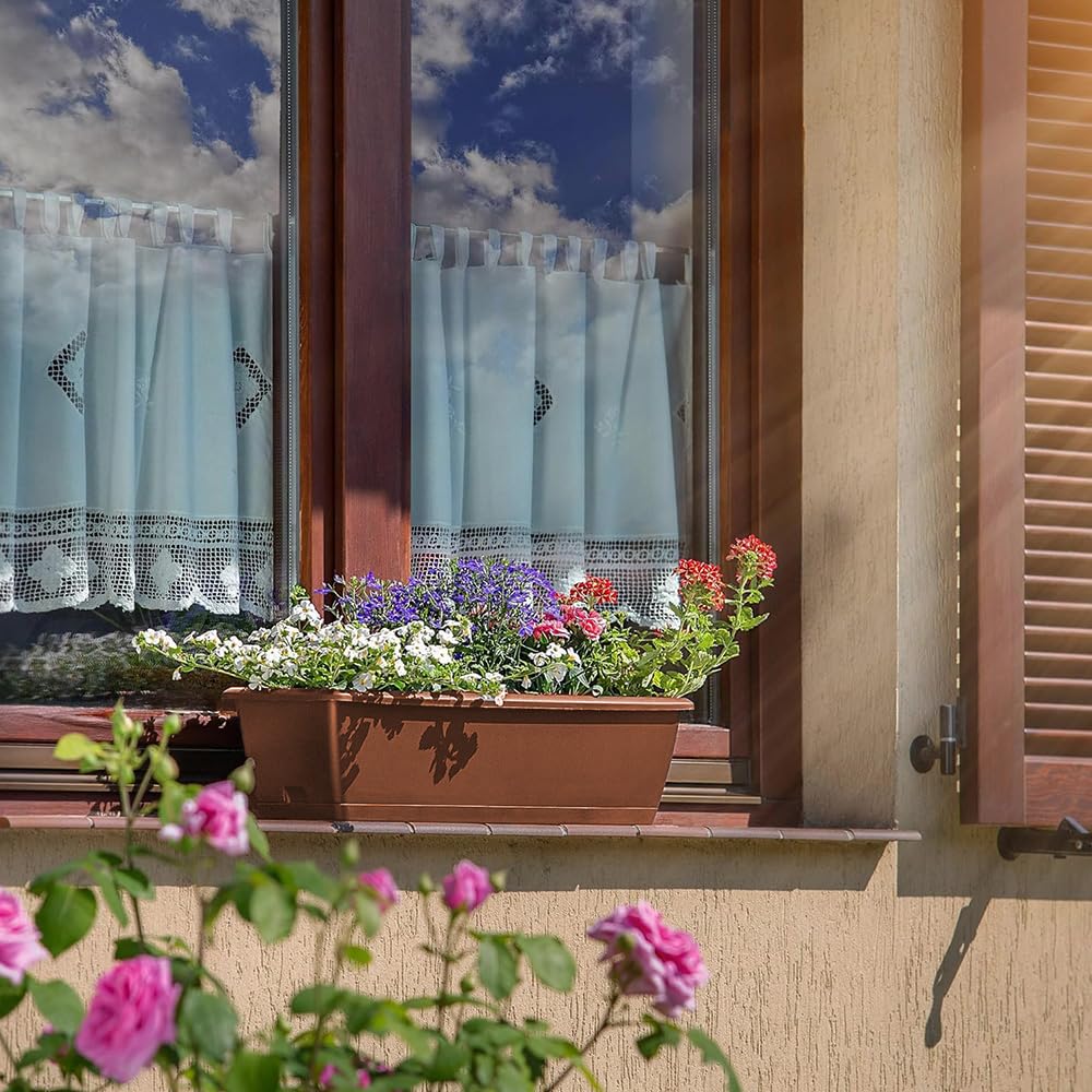 VIRSUS 2 Fioriere Rettangolari per Balcone BIRK5, Color MATTONE, Sottovaso integrato, Vaso in Resina con supporto in ferro da Appendere a Finestre e Balconi, Capacità 8,6 Litri (50x17x16 cm)