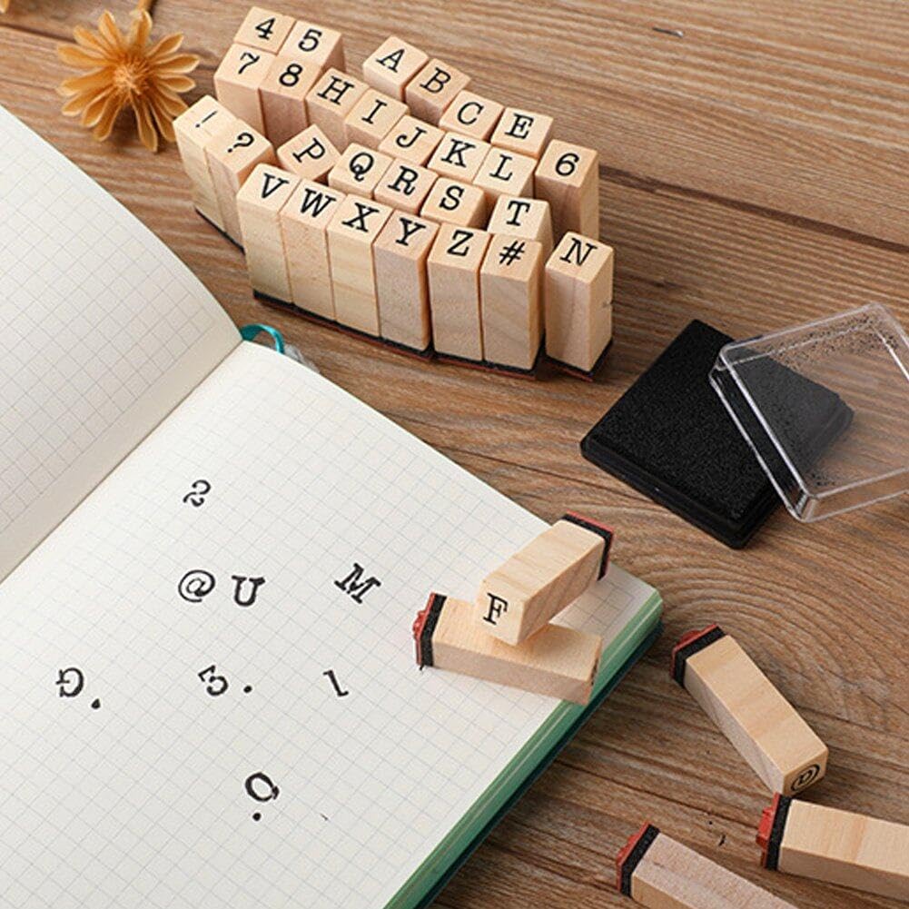 Kit Tampons Alphabet & Chiffres - 40 Pièces En Bois, Caoutchouc, Tampon Encreur Inclus, Pour Scrapbooking, Carte
