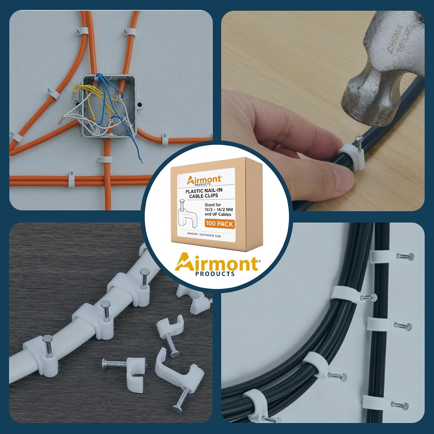 (100 Pack) Airmont Products Plastic Nail-in Cable Clips, White Polyethylene Wire Clips with Hardened Steel Nail, for 12/2 & 14/2 NM and UF Cable, Cord Management Fasteners