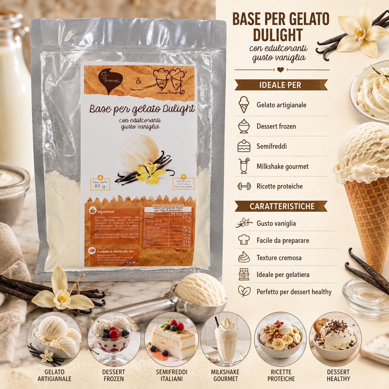 BONGIOVANNI Bontà Naturali Glace Dulight Gelato – Mélange en Poudre avec Édulcorants 85 g