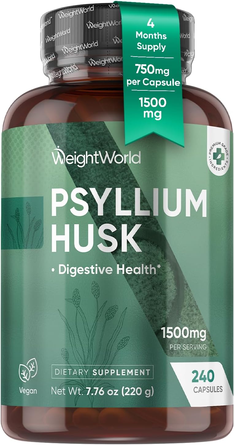 WeightWorld Psyllium Husk Capsules 1500mg - 4 Months Supply - Fiber Supplement for Digestive Health - 240 Vegan Psyllium Husk Powder Capsules - Non-GMO - Gluten-Free - 2 Capsules per Day