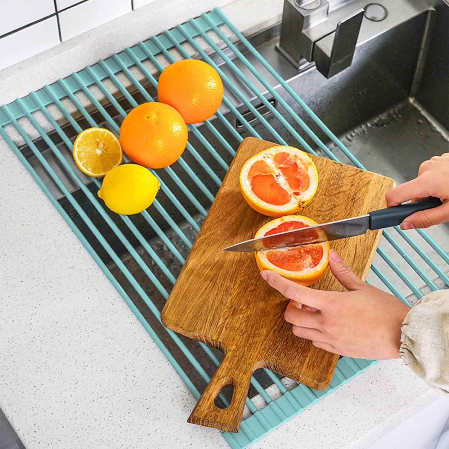 Geeyoung 20.5" x 13" Over The Sink Roll Up Dish Drying Rack - Food Safe Grade Silicone Wrapped Stainless Steel Dish Dying Rack - Foldable Roll Up Sink Drying Rack (Light Blue)