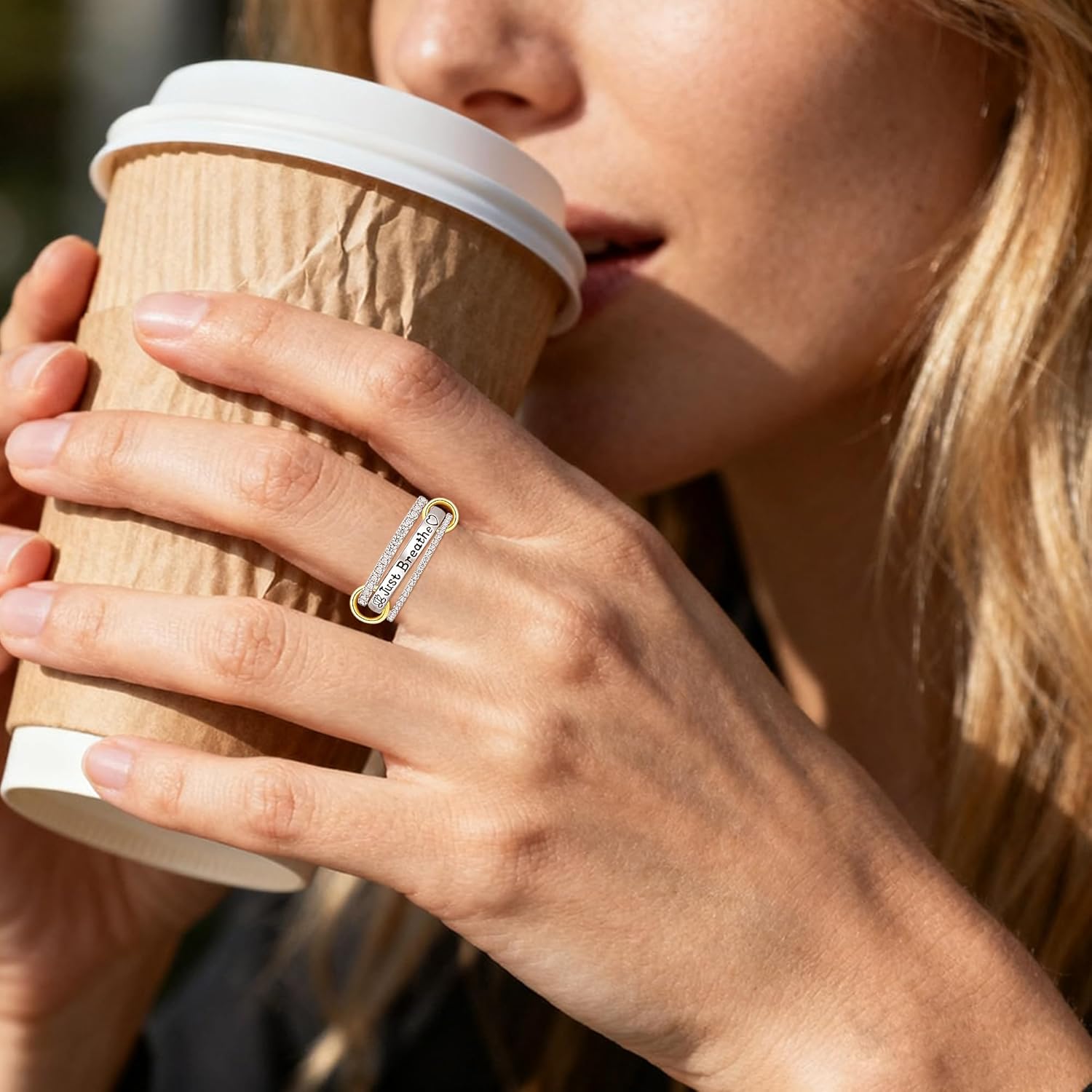 Fenthring Interlocked Stackable Rings for Women Just Breathe Ring for Women Sterling Silver Stacking Two-Toned Connected Bands Stacking Jewelry - Image 2