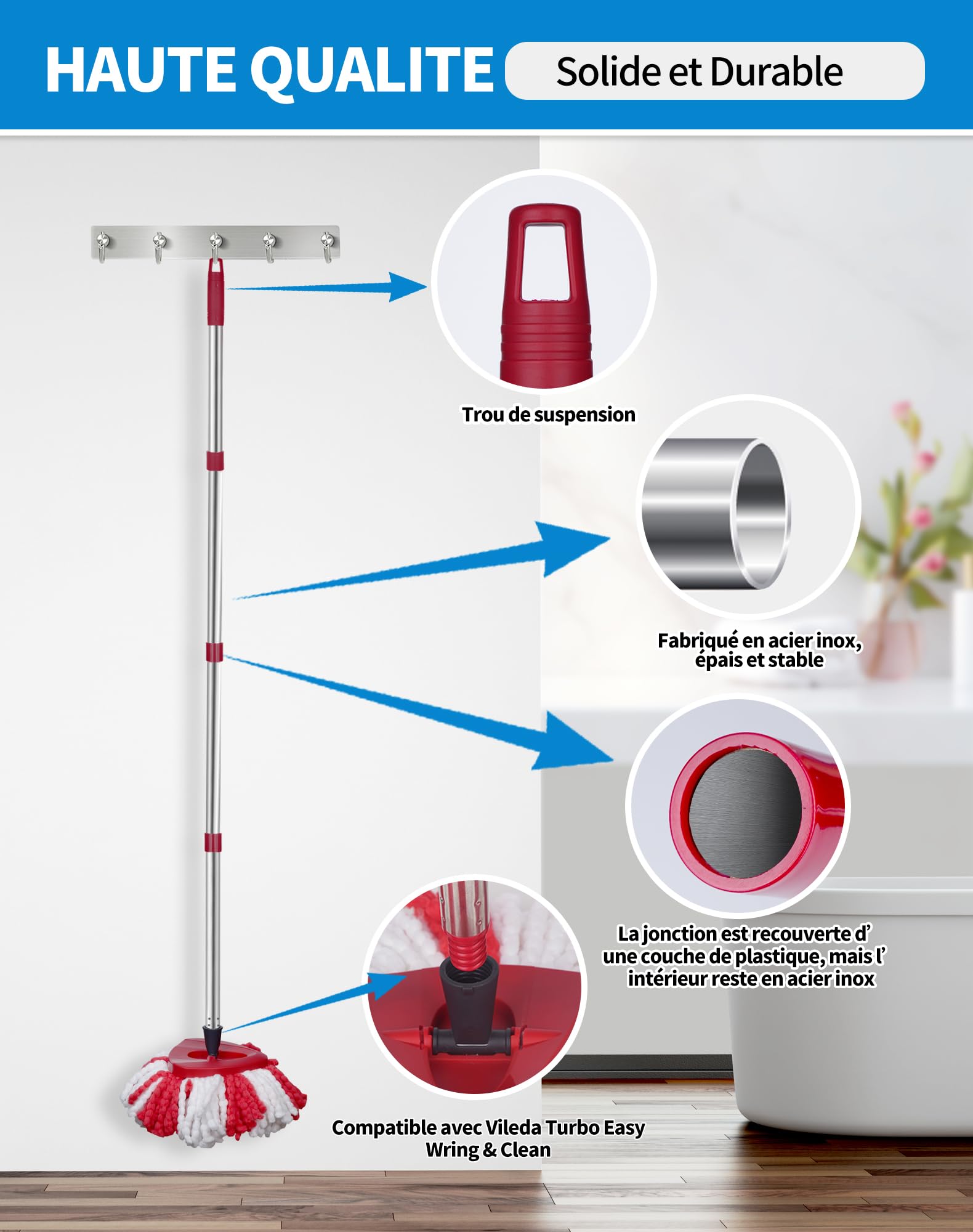 SOSALUK Manico per scopa compatibile con Vileda Easy Wring and Clean Turbo 76 cm-148 cm, manico in mocio per Vileda Turbo regolabile