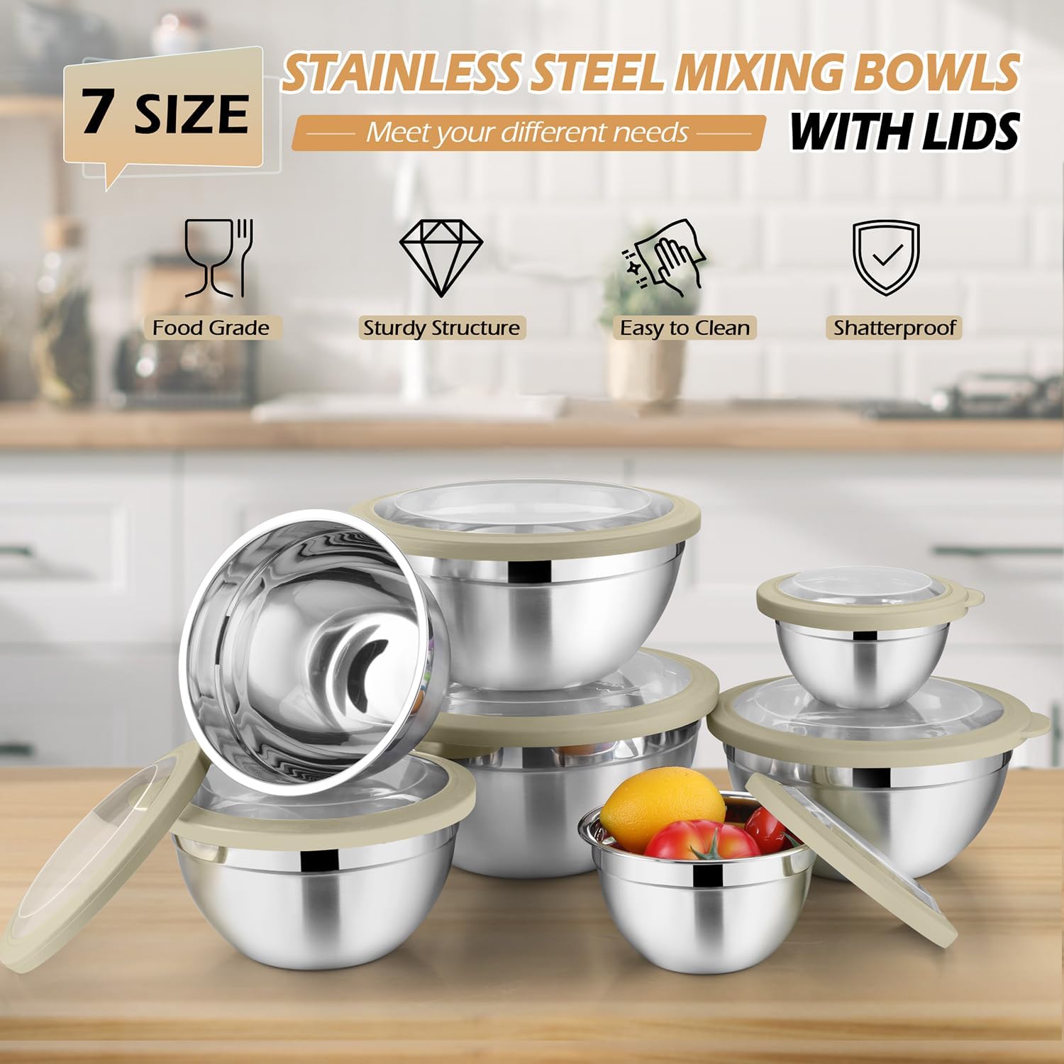 Walchoice Mixing Bowls Sets of 7, Stainless Steel Nesting Mixing Bowl Sets for Kitchen, 7 Size 4.6, 3.5, 2.6, 2, 1.5, 1, 0.7 QT, Include Transparent & Airtight Lids, Dishwasher & Freezer Safe - Khaki