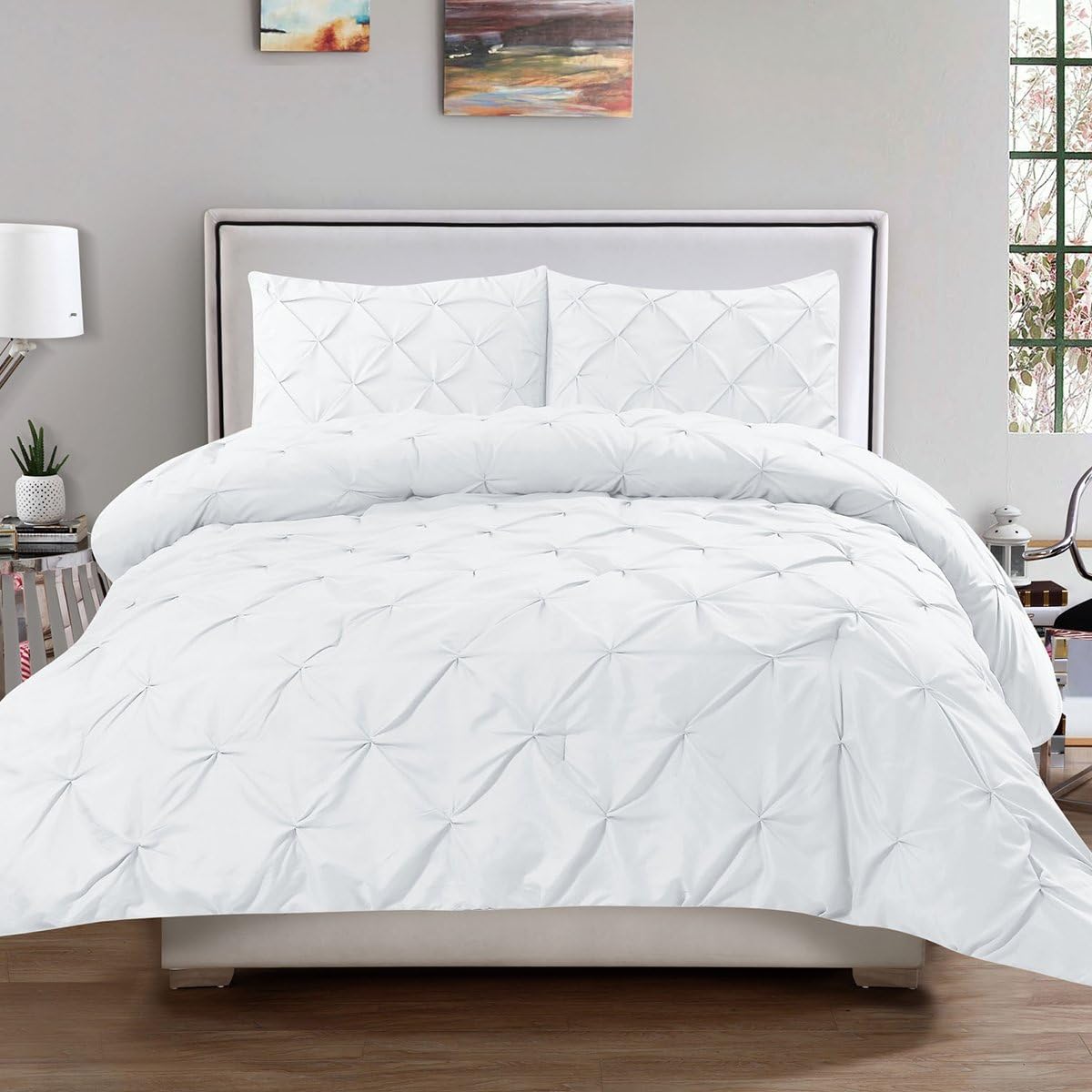 Sweet Home Collection 3 Piece Luxury Pinch Pleat Pintuck Fashion Duvet Set, Queen, White