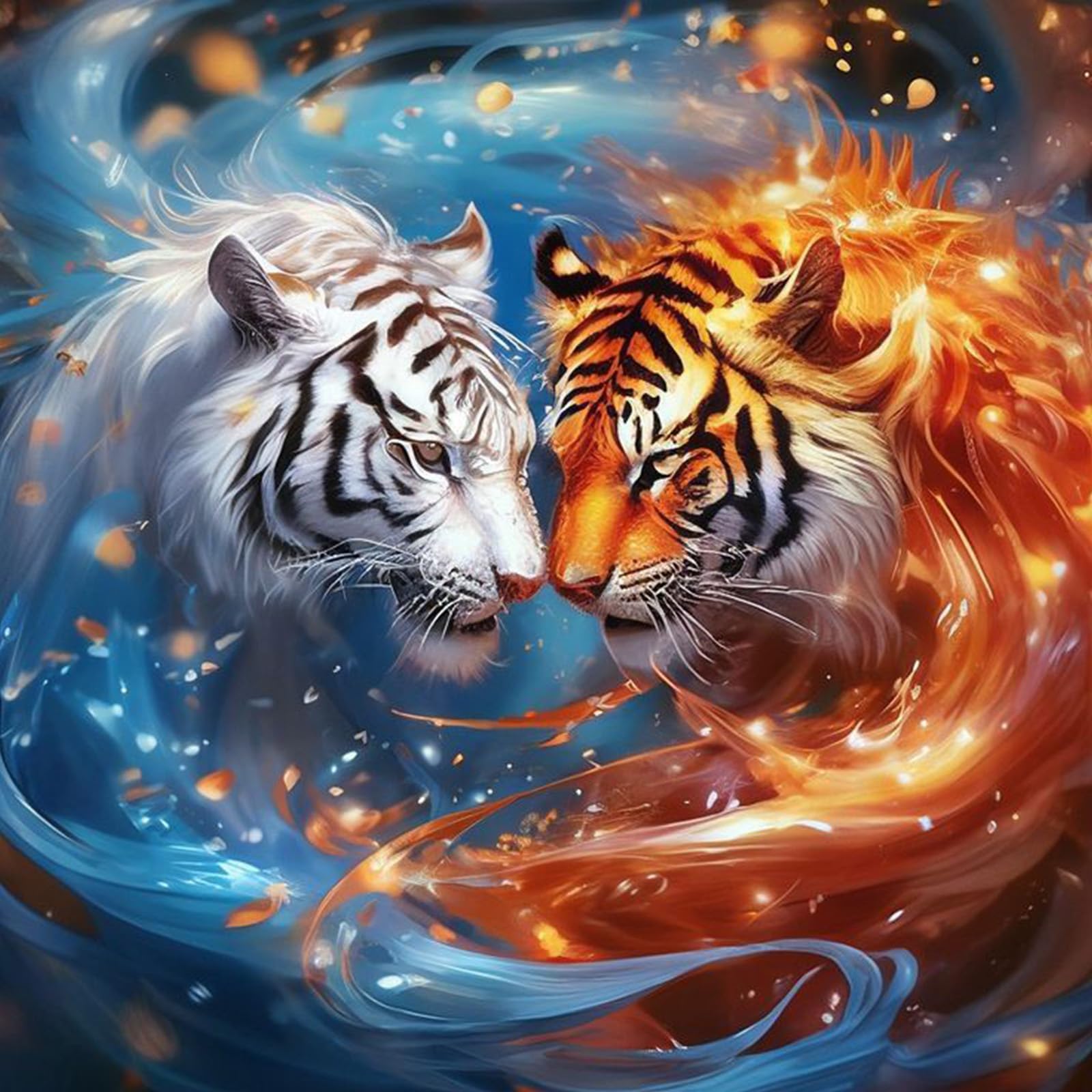 Poetrydraw Fire Ice Tigers 5D Diy Full Square Drill Diamond Art Painting Kits For Adults Beginners Home Decor Diamond Art Gem Art Kits Diamonds Paintings Gem Art 17.72X17.72inch (Fire Ice Tigers)