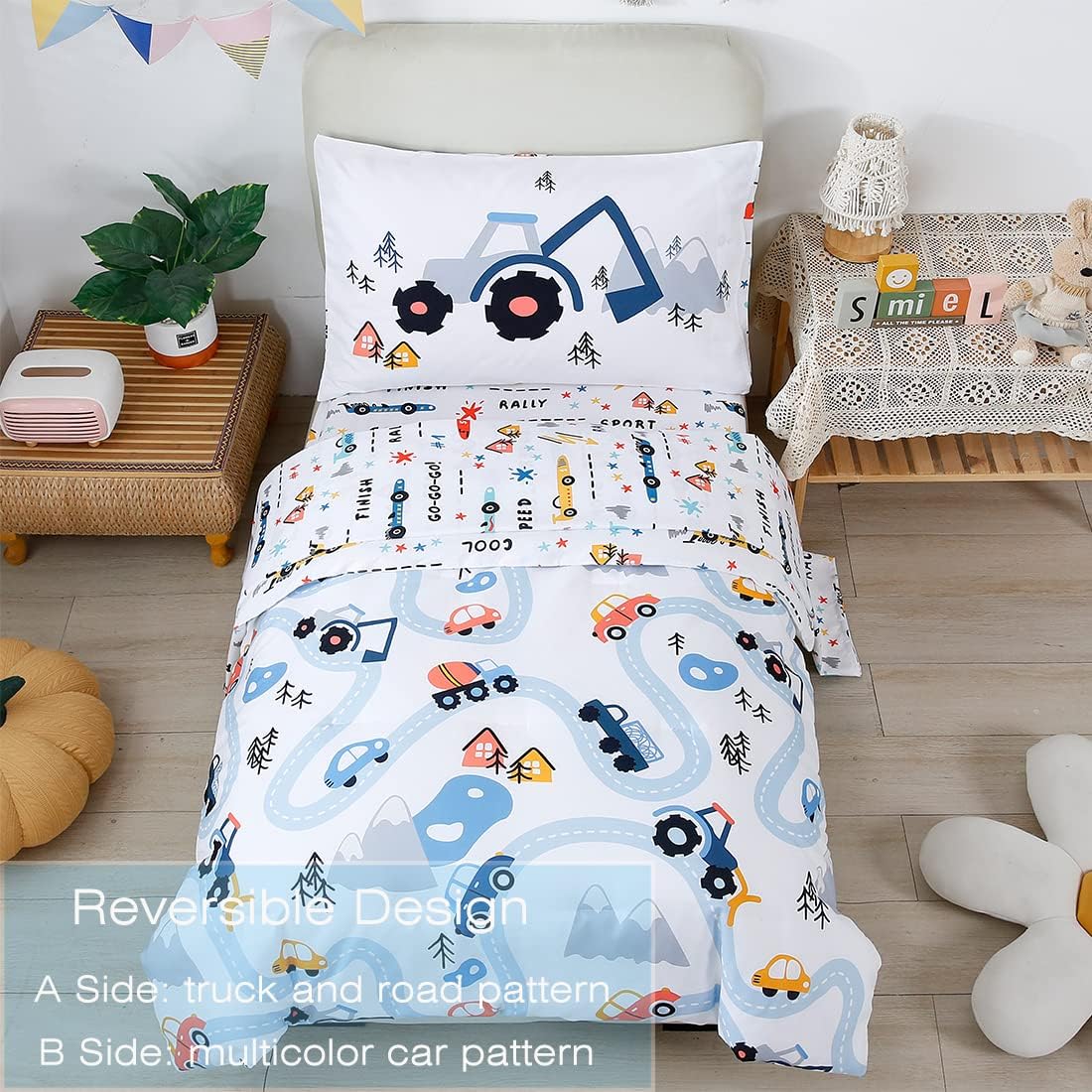 PERFEMET Car Toddler Bedding Kids 4 Pieces Bed in A Bag for Boys Vehicles Truck Toddler Girl Comforter Sets with Bed Sheets Modern Bedroom Collection, White - Image 3