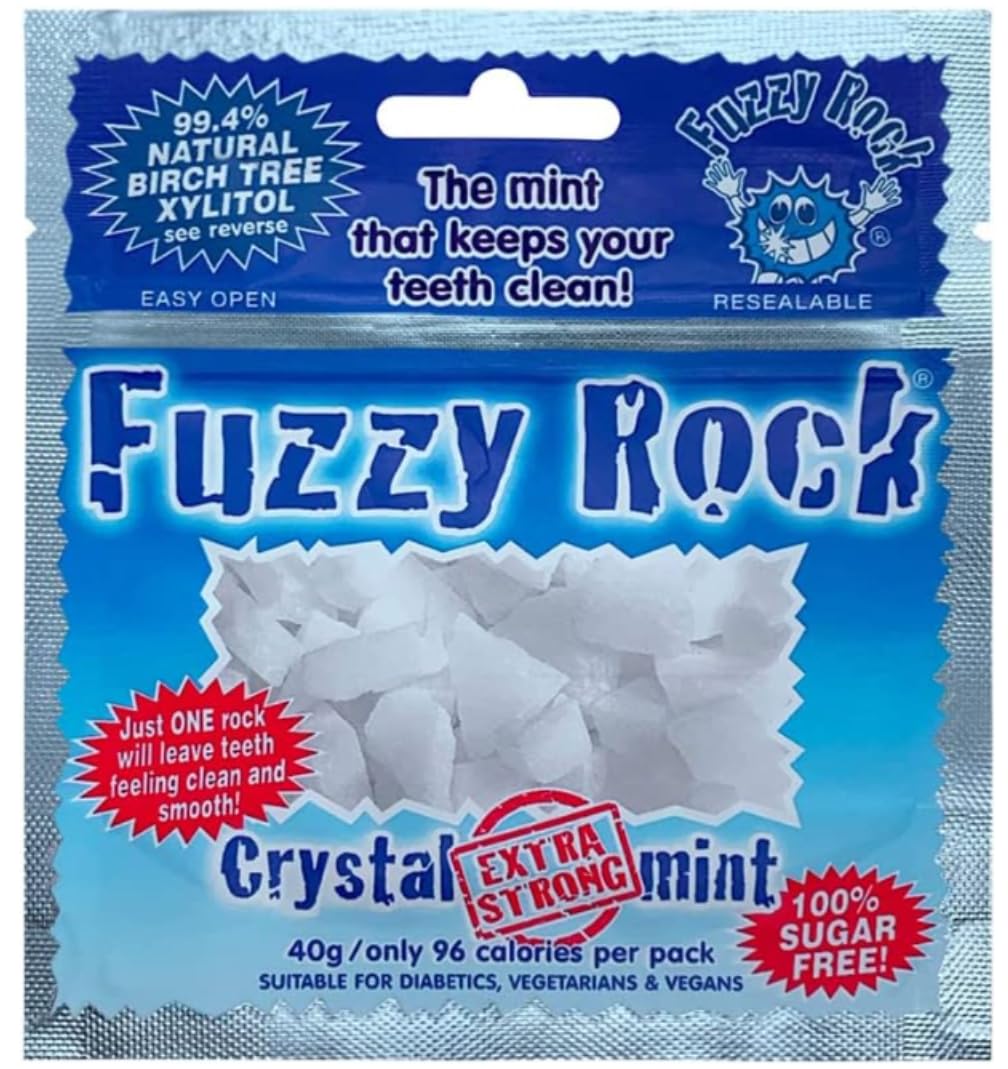 Fuzzy Rock Xylitol Crystal Extra Strong Mint Flavour Clean Teeth Mints For Fresh Breath And Healthy Gums 40g (5 Packs)