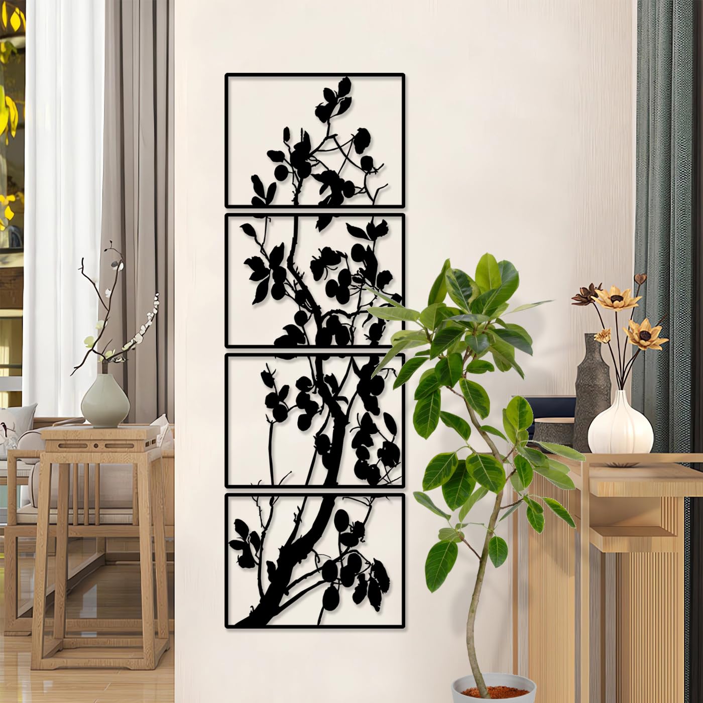 Pduoduo Decorazione Artistica Da Parete Con Ramo Di Albero Nero, Moderna Scultura in Metallo, Confezione Da 4