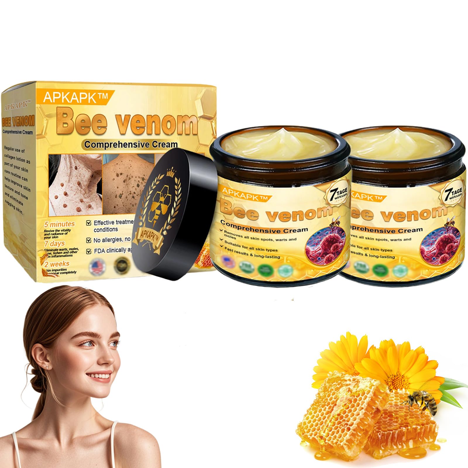 APKAPK Bee Venom Comprehensive Cream, Professional Bee Venom Skin Treatment Cream, bee Venom All-in-One Cream-50G, Anti-Aging, Hydrating, Natural Ingredients for All Skin Types (2 Bottle)