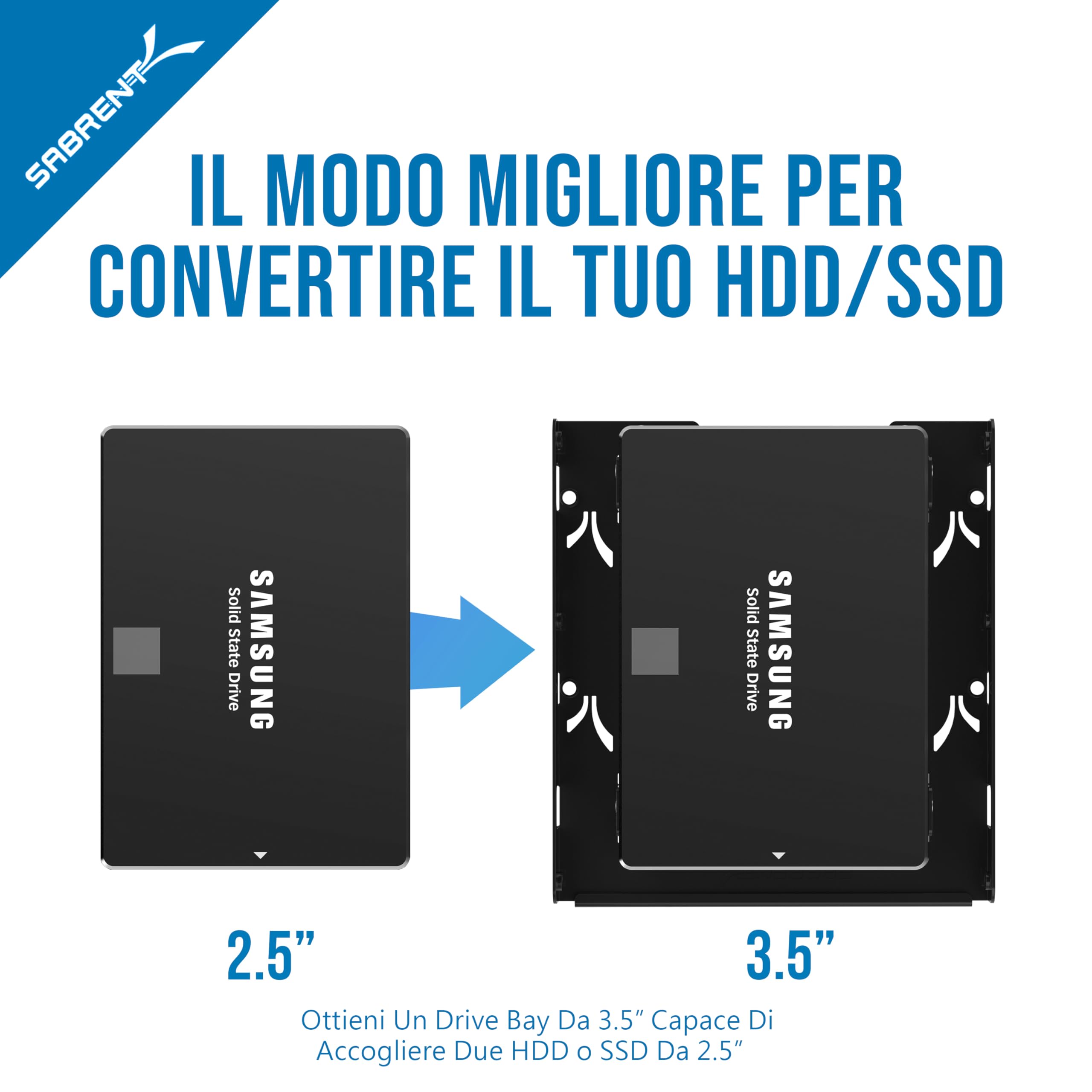 SABRENT Telaio per SSD/HDD da 2.5" a 3.5", Kit di montaggio per disco da 2,5" ad alloggiamento interno di 3,5", per SSD/HDD SATA interno, (BK-HDDH)