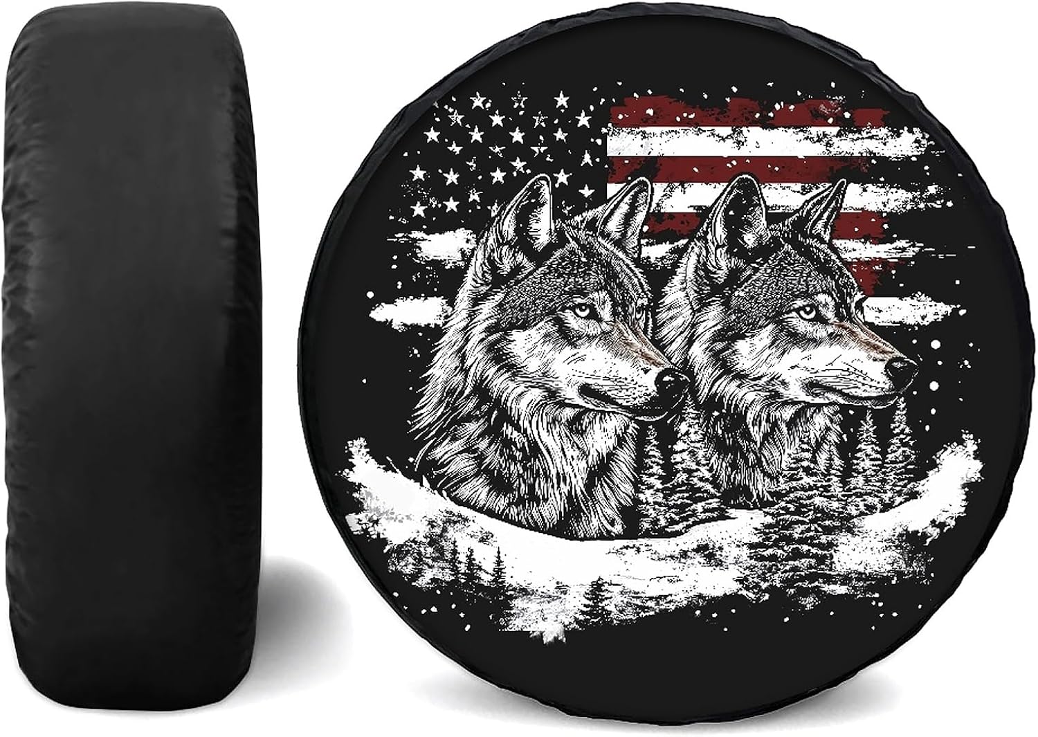 JSCARLIFE Spare Tire Cover - Waterproof PU Leather Wheel Protector with Timber Wolf Graphic, Fits 23-37" Tires for RV Trailer Jeep SUV Truck (14")