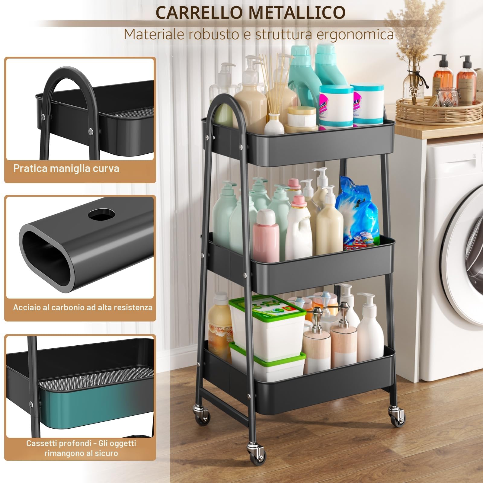 Carrello Multiuso Metallo a 3 Livelli con Ruote - Carrello Portaoggetti Carrello da Cucina Salvaspazio in Bagno, Ufficio, Nero