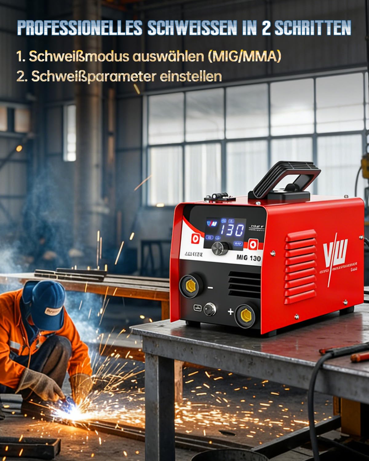 VECTOR WELDING Fülldraht Schweißgerät Set 130A, Inverter Schweißmaschine | 3-in-1 IGBT Elektroden Schweißgerät Flux MIG/MMA/Lift WIG mit Digital Display, Anti-Stick, Leicht Tragbar für Autoreparatur