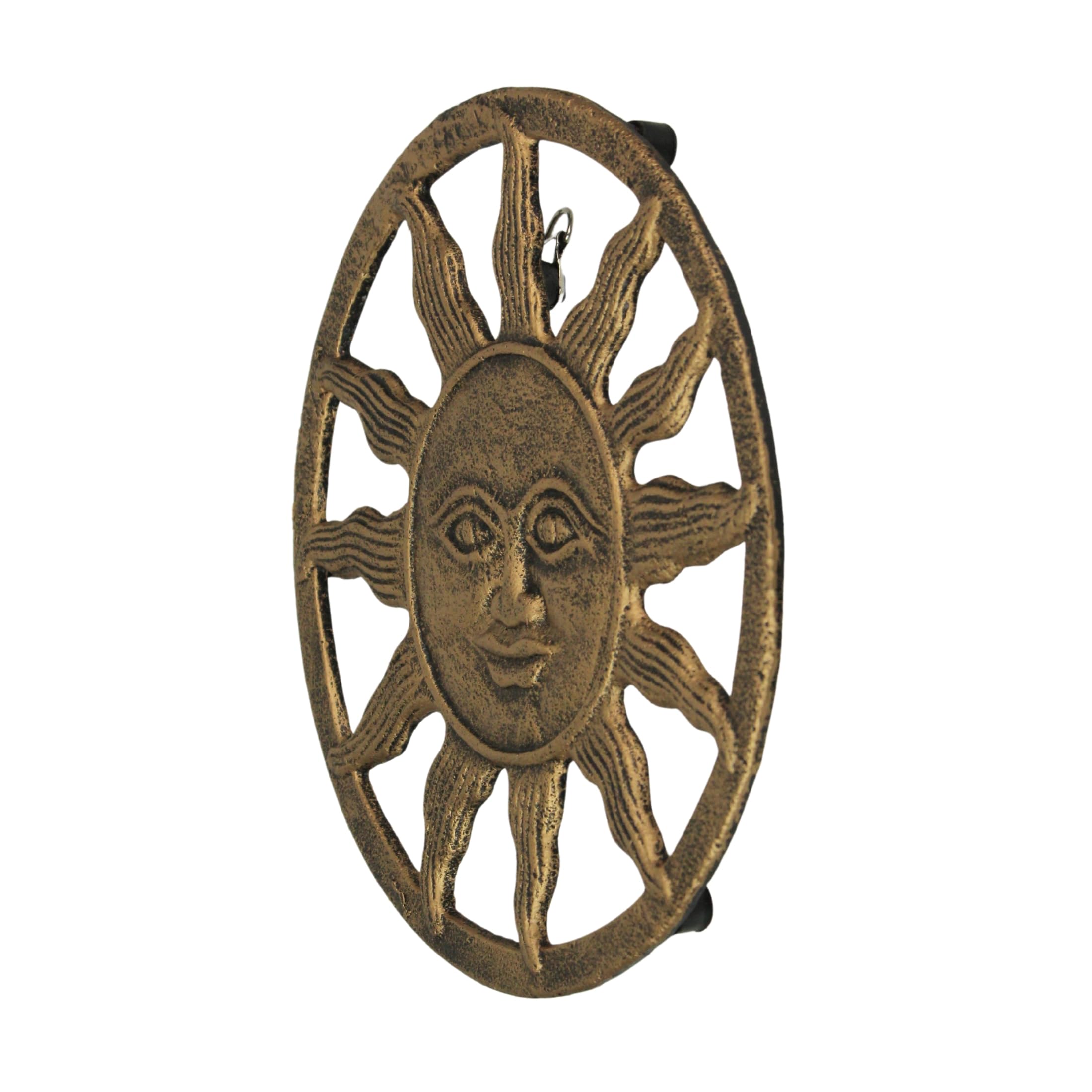 Dessous de plat en fonte avec visage de soleil céleste - Finition dorée métallique vieillie, diamètre de 19,7 cm, résistant à la chaleur et durable, parfait pour protéger les surfaces