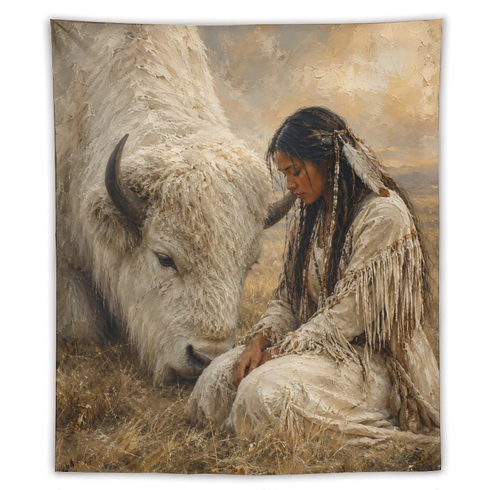 W7C8U2X3 White Buffalo Woman Portrait Wall Tapestry, Open Grassland