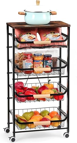 Miniatura 2 de Carrito de almacenamiento de cocina con ruedas, carrito de 5 niveles de metal con ruedas, cesta de malla con mesa de madera para almacenamiento de