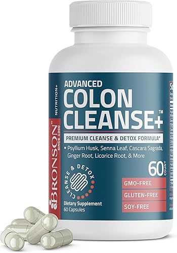 Bronson Advanced Colon Cleanse - Fórmula prémium de limpieza y desintoxicación con cáscara de psyllium, hoja de senna, cascara sagrada, raíz de