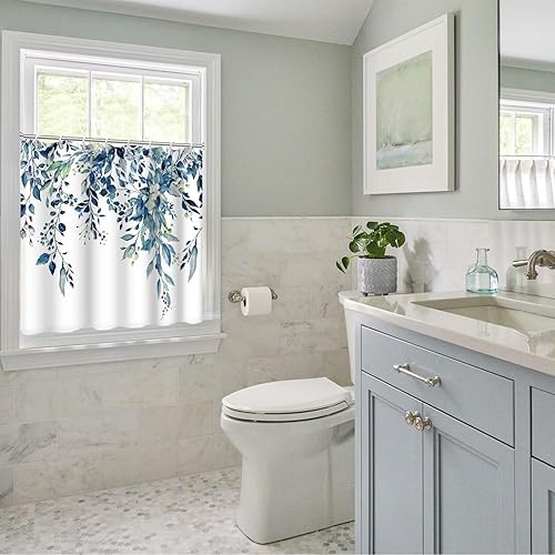 Miniatura 3 de Cortina de ventana de ducha, cortina de ventana de baño pequeña de eucalipto azul acuarela impermeable con ganchos, 40 x 36 pulgadas