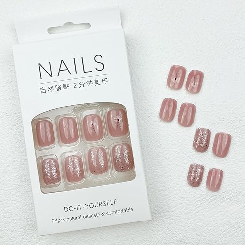Miniatura 5 de Uñas postizas cortas a presión cuadradas con diseños de purpurina, uñas florales, uñas acrílicas, lindas uñas postizas con pegamento, uñas postizas