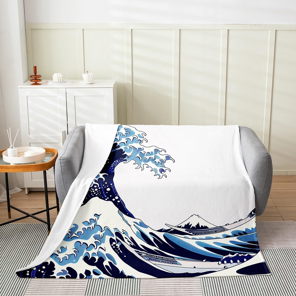 Erosebridal Sea Waves Blanket Queen 90x90, Japanese Style Luxury Soft Throw Blanket, Ukiyo-E Mount Fuji Printed Fleece Blanket for Sofa Bed Couch, Blue White Ocean Kids Boys Girls Fuzzy Blanket