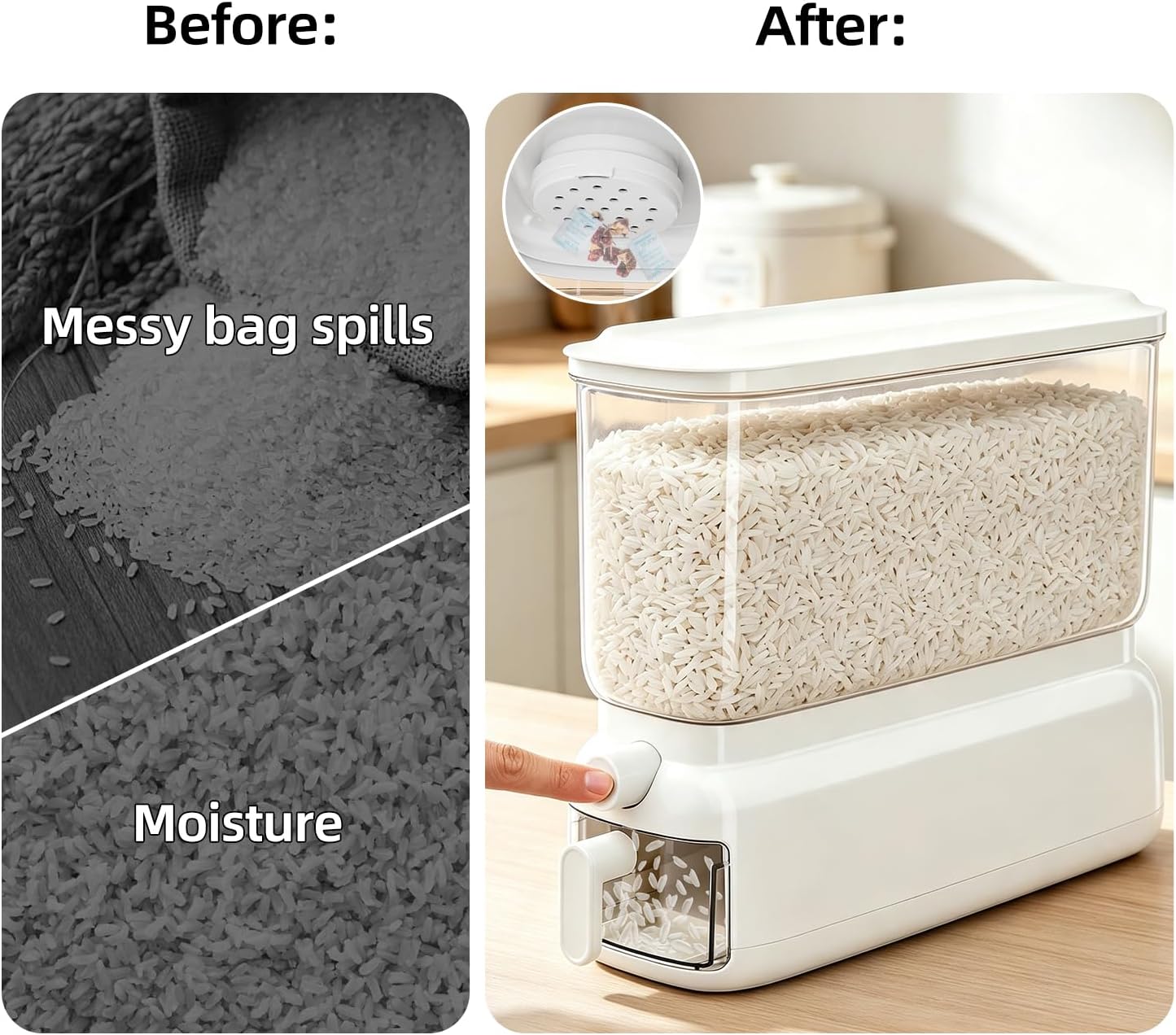 JOYZAN Slim Rice Dispenser 11Lbs Clear Airtight Rice Storage Containers