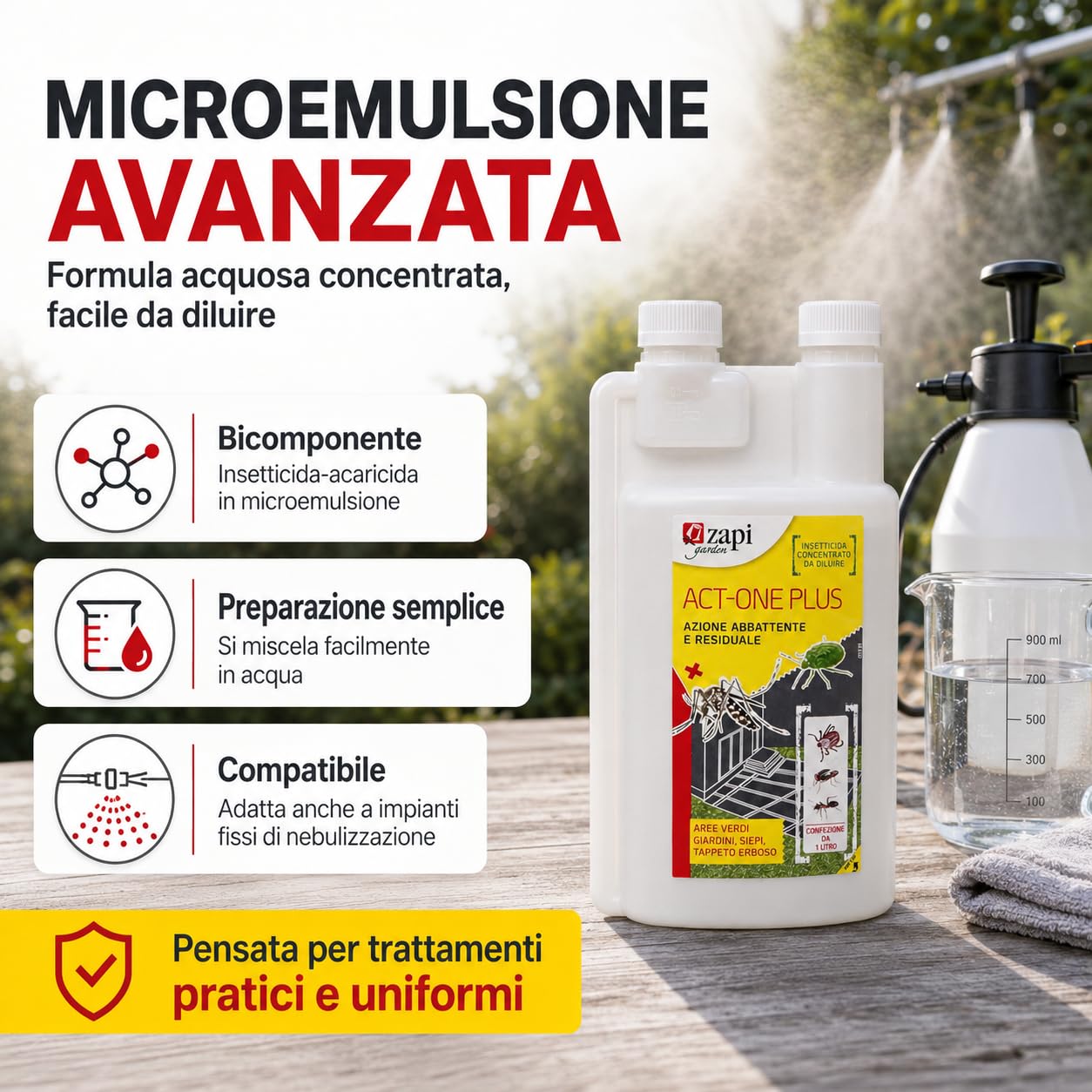 ACT-ONE PLUS Insetticida Concentrato 1 Litro - Zanzare e Insetti | Azione Abbattente e Residuale Fino a 2 Settimane - Per Aree Verdi e Ambienti Domestici - Anti Zanzare Tigre e Mosche