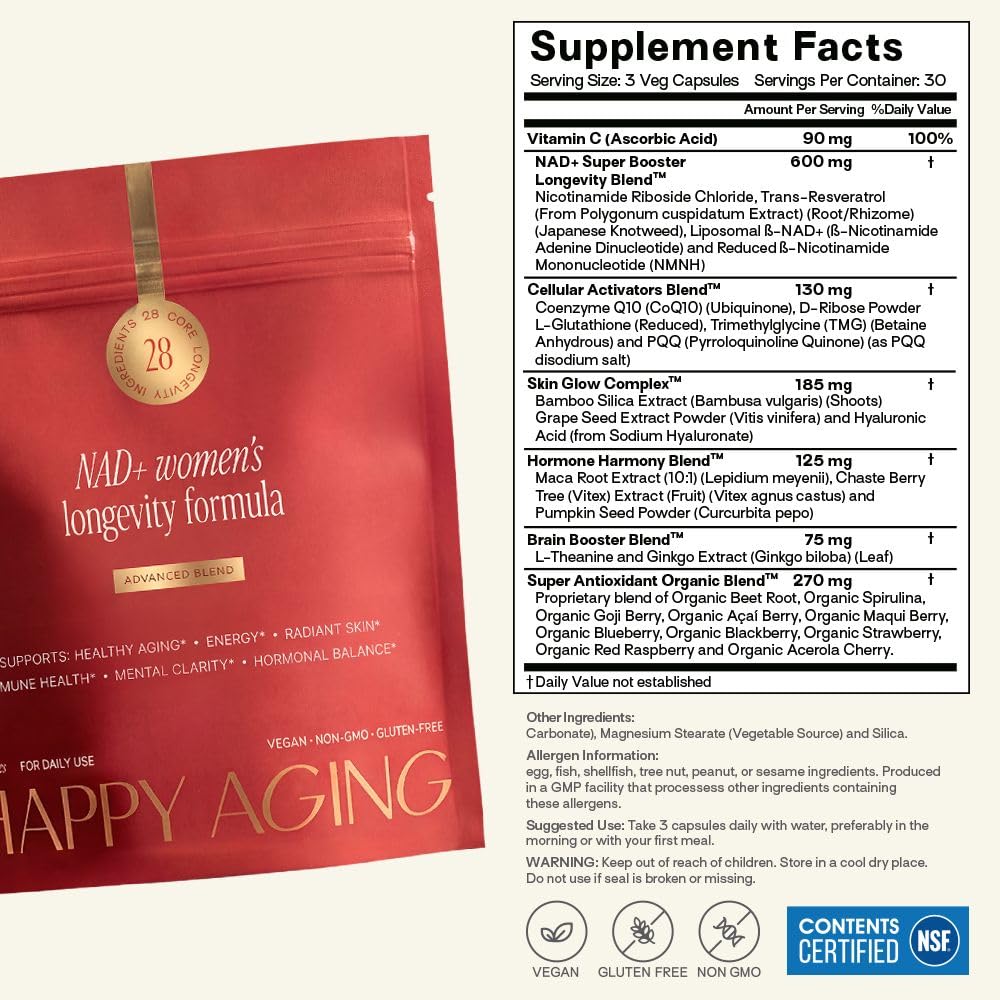 Happy Aging NAD+ Supplement for Women | NAD Booster with NMNH (Reduced NMN), NR, Resveratrol, CoQ10 – Supports Energy, Focus, Skin Glow & Daily Vitality, 30-Day Supply — Amazon image 2